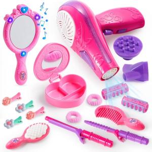 imageJOYIN 17Pcs Girls Beauty Salon Set Pretend Play Doll Hair Stylist Toy Kit with Hairdryer Mirror Curling Iron and Other Accessories for Kids Toddler Fashion Cutting Makeup Party Favor Birthday Gift