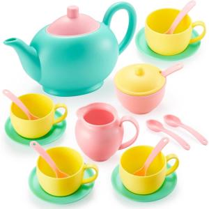 imageJOYIN 18PCS Pretend Role Play Tea Party Set Play Food Accessories BPA Free Phthalates Free Plastic Tea Set Mini Kitchen for Kids Gifts for Toddler Boys Girls Gift for ChristmasGreen Teapot