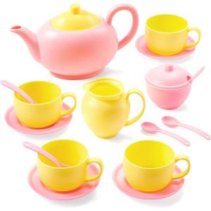 imageJOYIN 18PCS Pretend Role Play Tea Party Set Play Food Accessories BPA Free Phthalates Free Plastic Tea Set Mini Kitchen for Kids Gifts for Toddler Boys Girls Gift for ChristmasPink Teapot