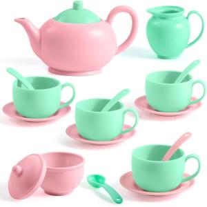 imageJOYIN 18PCS Pretend Role Play Tea Party Set Play Food Accessories BPA Free Phthalates Free Plastic Tea Set Mini Kitchen for Kids Gifts for Toddler Boys Girls Gift for ChristmasBaby Pink Teapot