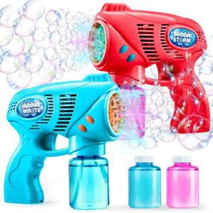imageJOYIN 2 Kids Bubble Gun with 2 Bottles Refill Solution Bubble Machine Gun for Toddlers 13 Kids 48 Party Favors Summer Toy Outdoors Easter Birthday GiftRedblue