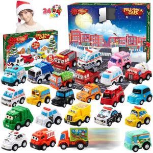 imageJOYIN 2025 Advent Calendar with 24 Vehicles Countdown Advent Calendar Gifts Kids Toddler Boys Xmas Gift 24 Vehicles with Pull Back Police Racing Cars