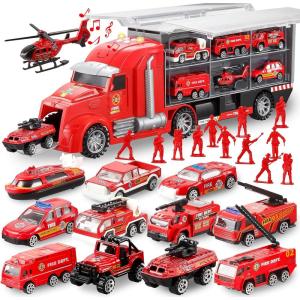 imageJOYIN 25 in 1 Green Military Big Truck Toys Army Men Tanks Set with Soldier Men Mini Battle Car Toy in Carrier Truck with Lights and Sounds Gifts for Toddler Kids Boys Ages 3Fire Truck