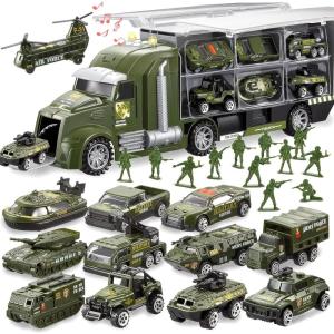 imageJOYIN 25 in 1 Green Military Big Truck Toys Army Men Tanks Set with Soldier Men Mini Battle Car Toy in Carrier Truck with Lights and Sounds Gifts for Toddler Kids Boys Ages 3Military Truck