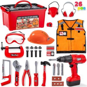 imageJOYIN 26Pcs Kid Tool Set Pretend Play Toddler Tool Toy with Construction Worker Costume ampamp Electronic Toy Drill in Storage Box for Boy Girl Halloween Present Birthday Dress Up Party