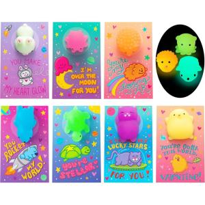 imageJOYIN 28 Pack Gift Cards with Cute Kawaii Mochi Squishy Toy to Squeeze Glow in The Dark Stress Relief Fidget Toy for Kids Classroom Exchange Prizes Valentine Party FavorPopular Glow in The Dark Mochis