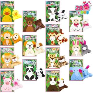 imageJOYIN 28 Pack Gifts Cards for Kids with Animal Plush Toy Key Chain Stress Relief Fidget Toy for Classroom Exchange Cards and Kids Party Favor