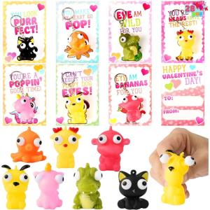 imageJOYIN 28 Packs Valentines Day Gift Cards with Popping Eyes Animal Keychains for Kids Party Favor Classroom Exchange Prizes Valentines Greeting CardsCat