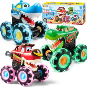 imageJOYIN 3 Pack Monster Truck Toy  Motion Activated LightUp Cars for Toddlers  Monster Treads Lightning Wheels  Baby Toy Trucks  Press ampamp Go Cars for Kids Boys Birthday Gifts for Christmas