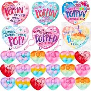 imageJOYIN 30 Packs 6 Design Gift Cards with Heart Pop Bubble Keychain Mini Pop Squeeze Toys Stress Relief Fidget Toys for Kids Party Favors and School Classroom Prize