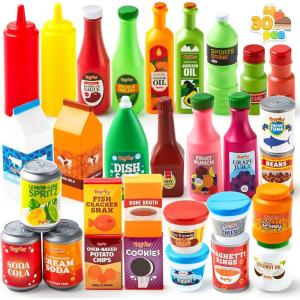 imageJOYIN 30Pcs Play Food Grocery Cans Play Kitchen Accessories Includes Drink Juice Jar Seasoning Water Bottle Sauce Yogurt Ice Cream Snack Box Kids Gifts ampamp Indoor Toys