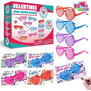 imageJOYIN 32 Packs Valentines Day Shade Glasses with Gift Cards Heart Shaped Shutter Heart Glasses Valentines Day Accessories for Kids Party Favor Classroom Exchange Prize Suppliesred blue purple pink