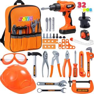 imageJOYIN 32PCS Kids Tool Set Pretend Play Toddler Tool Toys with Construction Backpack Costume ampamp Electronic Toy Drill for Boy Girl Halloween Present Birthday Dress Up Party