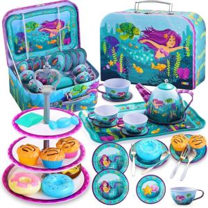 imageJOYIN 35Pcs Mermaid Tea Party Set for Little Girls Pretend Tin Teapot Set Princess Tea Time Play Kitchen Toy with Dessert Doughnut Carrying Case for Birthday Easter Gifts Kids Toddlers Age 3 4 5 6Mermaid Tin Teapot Set