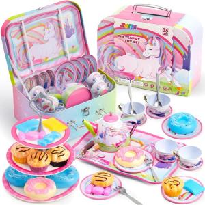 imageJOYIN 35Pcs Mermaid Tea Party Set for Little Girls Pretend Tin Teapot Set Princess Tea Time Play Kitchen Toy with Dessert Doughnut Carrying Case for Birthday Easter Gifts Kids Toddlers Age 3 4 5 6Unicorn Tin Teapot Set