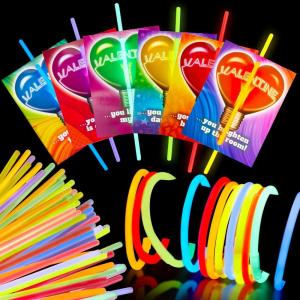 imageJOYIN 36 Packs Neon Valentines Day Gift Cards with Glow Stick Bracelets Glow in the dark Necklaces for Valentines Party Favor Valentine Classroom Exchange Cards Valentine School PrizeCards
