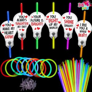 imageJOYIN 36 Packs Neon Valentines Day Gift Cards with Glow Stick Bracelets Glow in the dark Necklaces for Valentines Party Favor Valentine Classroom Exchange Cards Valentine School PrizeBulb Cards