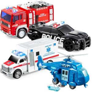 imageJOYIN 4 Packs Emergency Vehicle Toy Playsets Friction Powered Vehicles with Light and Sound Including Fire Truck Ambulance Play Police Car and Helicopter Christmas Toddler Kids Boys Gifts