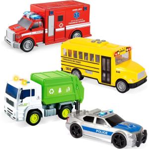 imageJOYIN 4 Pcs 7quot Long Vehicle Toy Set Toddlers Cars with Lights and Siren Sound Including Play Police Car School Bus Garbage Truck Ambulance Birthday Party Gifts Toys for Boys 35