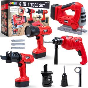 imageJOYIN 4in1 Kids Tool Set Pretend Play Toddler Tool Toys Construction Playset with Flashlight Saw Tools and Electric Drill for Boy Girl Halloween Present Birthday Dress Up Party Favors