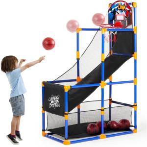 imageJOYIN Arcade Basketball Game Set with 4 Balls and Hoop for Kids 3 to 12 Years Old Indoor Outdoor Sport Play  Easy Set Up  Air Pump Included  Ideal for CompetitionBlue