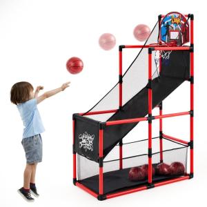 imageJOYIN Arcade Basketball Game Set with 4 Balls and Hoop for Kids 3 to 12 Years Old Indoor Outdoor Sport Play  Easy Set Up  Air Pump Included  Ideal for CompetitionRed