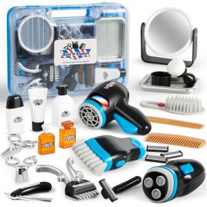 imageJOYIN Barber Shop Pretend Role Play Toy 23 Pcs Kids Shaving Kit for Boys Haircut Kit for Boys 3 Year Old Birthday Gift Upgraded Toddler Role Play Set with Storage Box