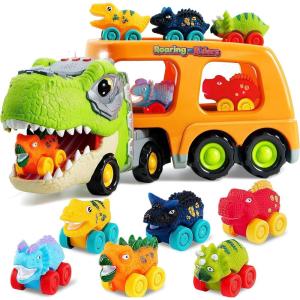 imageJOYIN Dinosaur Toys for Kids 24 Toddler Boy Toys Dinosaur Carrier Truck with 6 Rubber Car Vehicles Christmas Birthday Gifts with Music ampamp Lights for 2 3 4 5 Year OldTropical Dinosaur Truck