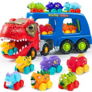 imageJOYIN Dinosaur Toys for Kids 24 Toddler Boy Toys Dinosaur Carrier Truck with 6 Rubber Car Vehicles Christmas Birthday Gifts with Music ampamp Lights for 2 3 4 5 Year OldClassic Dinosaur Truck