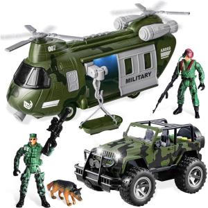 imageJOYIN Military Vehicles Toy Set of Friction Powered Transport Helicopter and Military Truck with Light and Sound Siren and Army Men Soldier Action Figures for Kids Presents for Kids