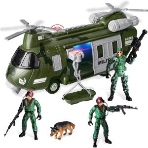 imageJOYIN Military Vehicles Toy Set of Friction Powered Transport Helicopter with Light and Sound Siren and Soldier Army Men Action Figures for Kids