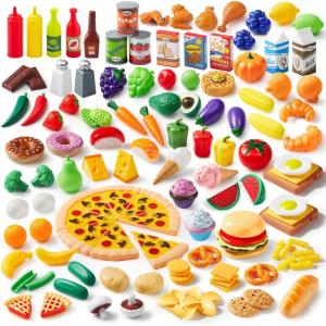 imageJOYIN Play Food Set 135 Pieces Play Kitchen Set for Market Educational Pretend Play Food Playset Kids Toddlers Toys Kitchen Accessories Fake Food Party Favor Christmas Stocking Stuffers