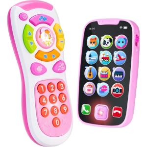 imageJOYIN Smartphone Toys for Baby Remote Control Baby Phone with Music Learning Toy Birthday Gifts for Infants Kids Boys and Girls Gift for ChristmasPink Phone and Remote Toy with Bird