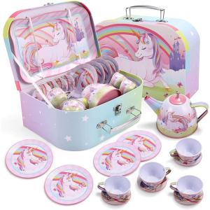 imageJOYIN Unicorn Tea Party Set for Little Girls Pretend Pink Tin Teapot Set Princess Tea Time Play Kitchen Toy with Teapot Cup Plate Carrying Case for Kids Toddlers Age 3 4 5 6 Gift for ChristmasUnicorn