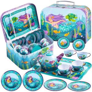 imageJOYIN Unicorn Tea Party Set for Little Girls Pretend Pink Tin Teapot Set Princess Tea Time Play Kitchen Toy with Teapot Cup Plate Carrying Case for Kids Toddlers Age 3 4 5 6 Gift for ChristmasMermaid