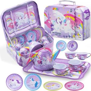 imageJOYIN Unicorn Tea Party Set for Little Girls Pretend Pink Tin Teapot Set Princess Tea Time Play Kitchen Toy with Teapot Cup Plate Carrying Case for Kids Toddlers Age 3 4 5 6 Gift for ChristmasPurple Unicorn