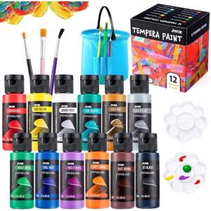 imageJOYIN Washable Tempera Paint Set for Kids 42PCS Non Toxic Liquid Paint with 15 Brushes and 4 Palettes  Art Supply for Kids for Arts and Crafts Project Finger Painting 2 oz Each2 Fl Oz Pack of 12