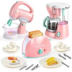 imageJoyin Play Kitchen Toys Pretend and Play Food Kitchen Accessories Girls Toy with Coffee Maker Mixer Toaster with Realistic Lightsampamp Sounds Birthday Gift for Kids Gifts for ChristmasPink