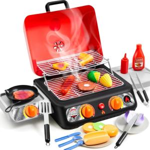 imageKids BBQ Grill Playset Kitchen Toy Set with Pretend Smoke Light Sound ampamp ColorChanging Food Play Kitchen Accessories Indoor Outdoor Cooking Toy for Boys Girls Kids Birthday Gift