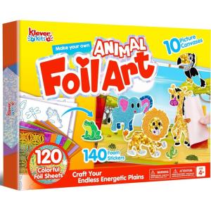 imageKlever Kits Foil Art Kit for Kids  Arts ampamp Crafts Supplies Mess Free Coloring Foil Foam Stickers Creative Travel Toys Birthday Gifts for Boys ampamp Girls Ages 4 and UpAnimals