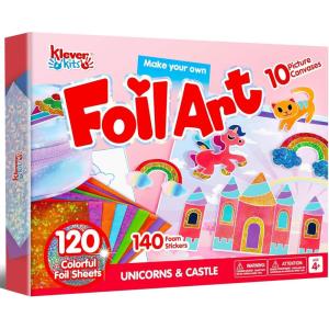 imageKlever Kits Foil Art Kit for Kids  Arts ampamp Crafts Supplies Mess Free Coloring Foil Foam Stickers Creative Travel Toys Birthday Gifts for Boys ampamp Girls Ages 4 and UpUnicorn