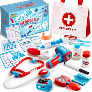 imagePlayAct Kids Doctor Kit 16Piece Pretend Play Medical Kit with Bag Doctor Role Play Set with Realistic Toy Stethoscope Reusable Record Cards Dress Up Playset for Toddlers Ages 3