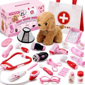 imageSYNCFUN Doctor Kit for Girls 22 PCS Veterinarian Playset for Kids Vet Kit with Dog Toy Stethoscope Storage Bag and Accessories Pretend Role Play for Toddlers 3 4 5 6 Christmas and Birthday Gifts