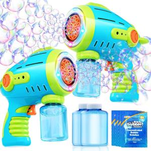 imageSloosh 10 Holes Bubble Gun for Kids Bubble Machine Gun for Toddlers 13 Automatic Light Up Airship Blower with 2 Bottles 4 Bags Refill Solution Summer Outdoor Toy Party Easter Gift
