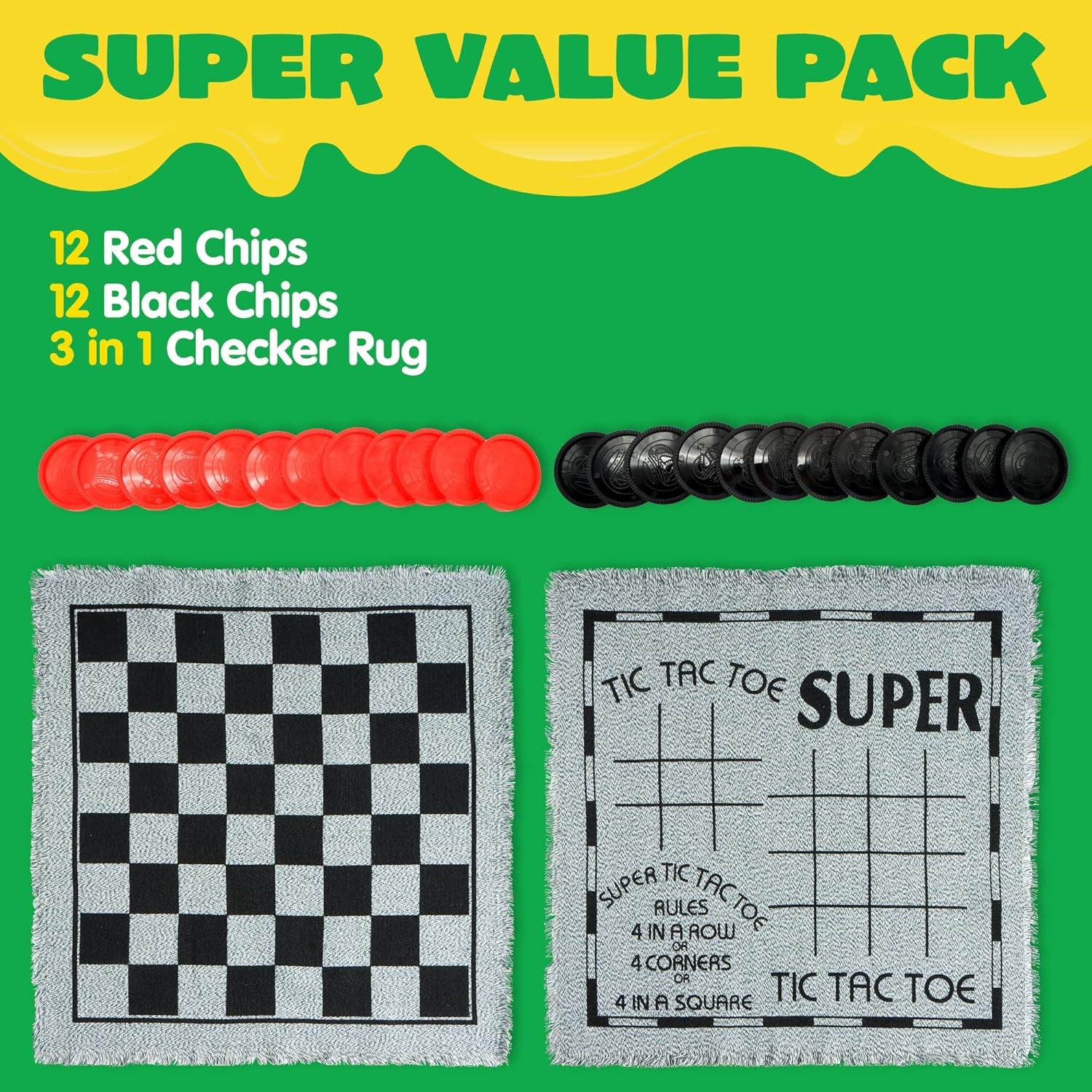 image3in1 Vintage Giant Checkers Tic Tac Toe with Reversible Mat 24 Chips Family Board Game Lawn Game BBQ Party Favor Indoor and Outdoor Activity for Kids and Adults