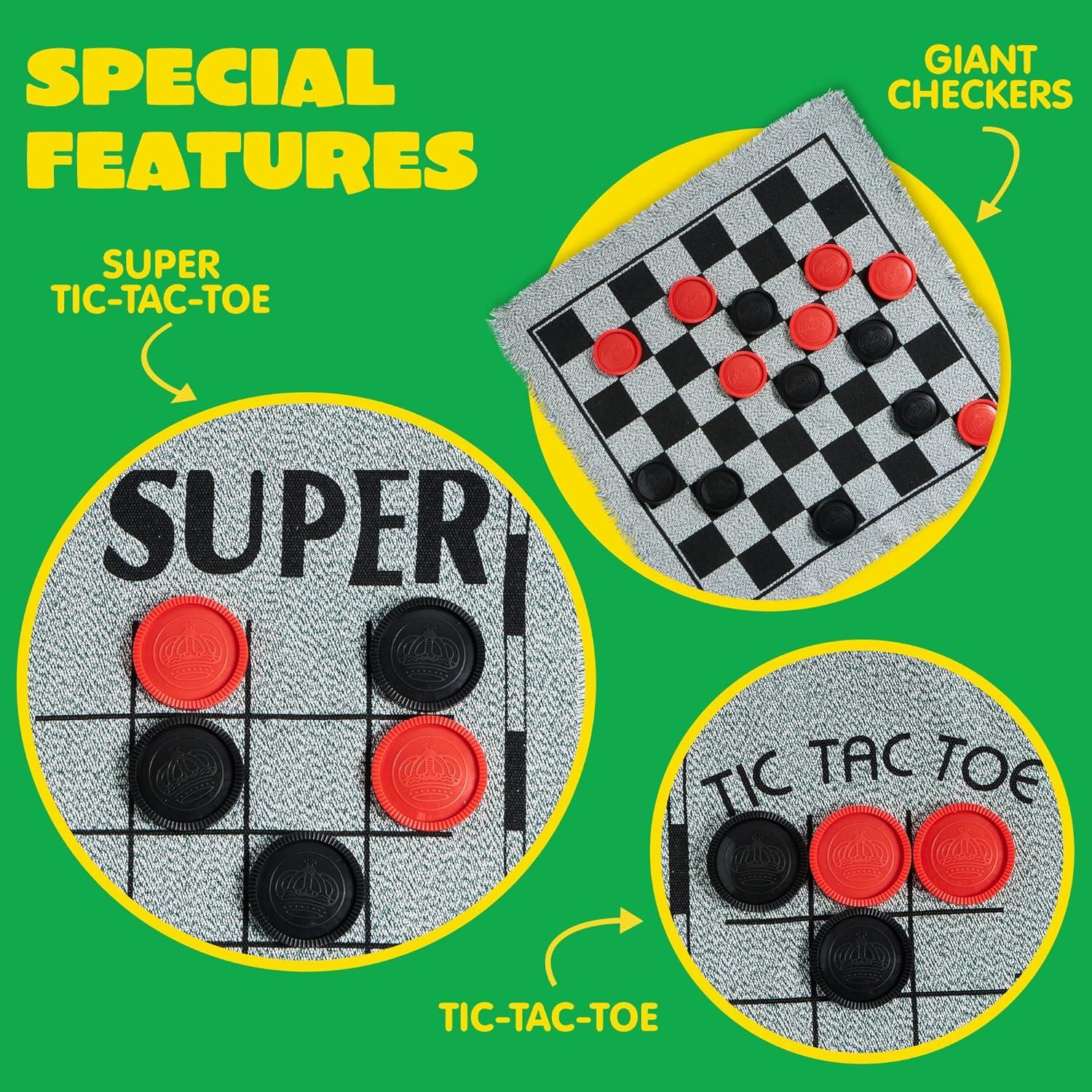 image3in1 Vintage Giant Checkers Tic Tac Toe with Reversible Mat 24 Chips Family Board Game Lawn Game BBQ Party Favor Indoor and Outdoor Activity for Kids and Adults