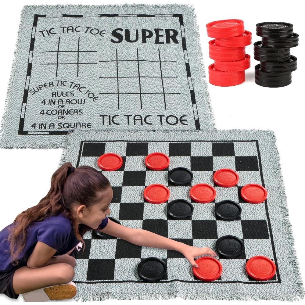 image3in1 Vintage Giant Checkers Tic Tac Toe with Reversible Mat 24 Chips Family Board Game Lawn Game BBQ Party Favor Indoor and Outdoor Activity for Kids and Adults