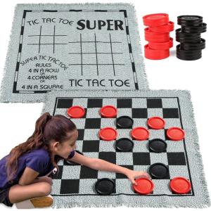 image3in1 Vintage Giant Checkers Tic Tac Toe with Reversible Mat 24 Chips Family Board Game Lawn Game BBQ Party Favor Indoor and Outdoor Activity for Kids and Adults