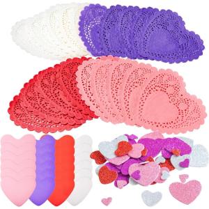 imageJOYIN 126 Pcs Valentines Day Craft Gift Set with 100 Heart Doilies 24 Pcs Foam Doilies and 2 Bags Foam Heart Stickers for Kids Tableware Decoration Home Activitie Kitchen Disposable Table Craft