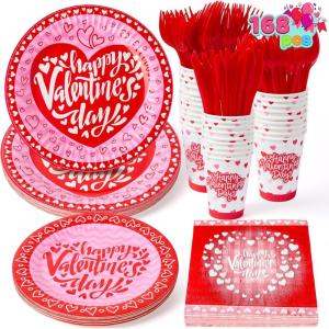 imageJOYIN 168 Pcs Valentines Day Tableware Set  Disposable Party Supplies for Kids Includes Plates Cups Napkins and Cutlery for Valentine Party Decorations Serves 24